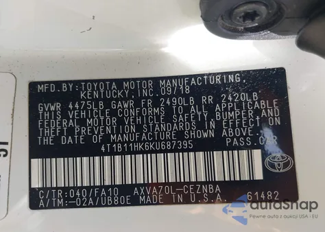 2019 Toyota Camry Le from USA, damaged, VIN 4T1B11HK6KU687395